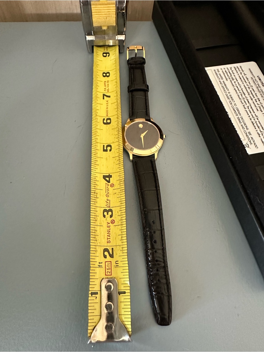 Movado Gold-Tone Case Black Dial Leather Strap Watch